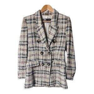 Zara Woman Plaid Tweed BlazerSize M Beige Cream Double Breasted Boucle Classic